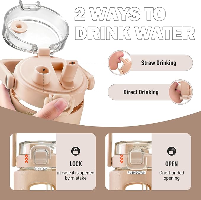 BLUEGO 40 oz Glass Water Bottle with Straw, Leakproof Glass Drinking Bottle with Time Marker and Silicone Sleeve, Wide Mouth Water Bottle for Travel, Gym, Workout, Amber