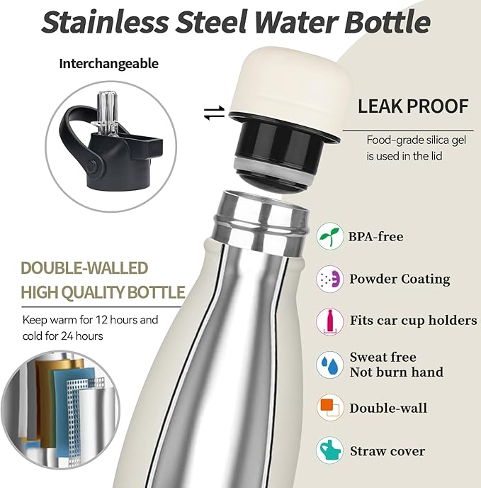 Insulated Water Bottle, 2 Pack-17oz Stainless Steel Water Bottles with straw lid, Metal Sports Water Bottles for Boys,Girls, Double Wall Vacuum BPA-Free Flask for School, Sports(Grey-white)