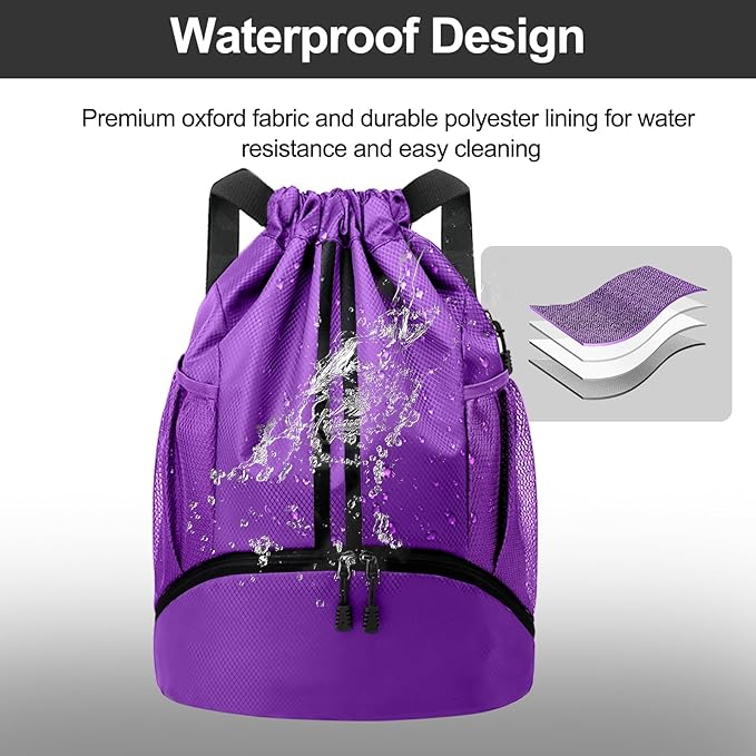 Hoedia Sports Drawstring Backpack - String Swim Gym Bag with Shoes Compartment and Wet Proof Pocket for Women and Men