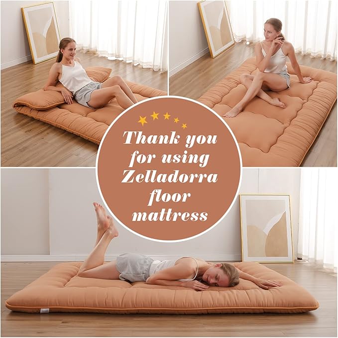 Japanese Floor Mattress, Futon Mattress with Portable Storage Bag and Washable Cover, Roll Up Thick Tatami Mat Suitable for Camping, Guest Room, Light Coffee, Queen