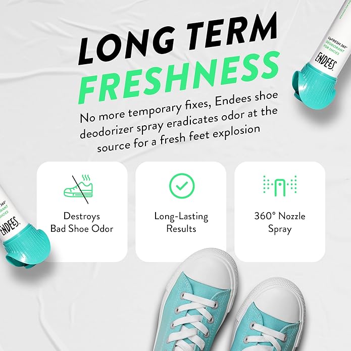 endees UpFresh 360° Shoe Deodorizer Spray - Foot Odor Eliminator Shoe Spray for Smelly Shoes, Feet, Sneakers, Boots, Athletes Gym Bags, Stinky Smell Elimination Deodorant, Travel Size 3.38 Fl Oz