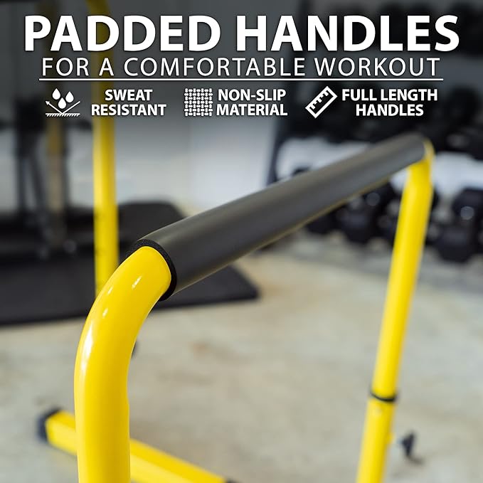 Synergee Dip Bar. Adjustable Dip Station from 30” – 39” for Dips, Inverted Pull Ups. Max capacity 400 lbs. Portable Dip Stand for Total Body Workout. Available in Yellow and Black.