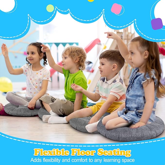 Fumete 8 Pcs 16 Inch Round Floor Cushions for Kids and Toddlers, Flexible Seating Classroom Furniture Floor Pillow for Home, Daycare, Preschool, Yoga and Meditation (Gray)