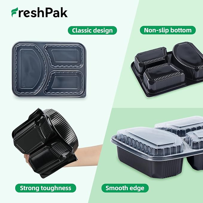 FRESHPAK Food Containers Reusable 40 Pack 38oz - Shrink Wrap Leakproof | Portion Control Leftover Plastic Container with Lid | BPA Free Freezer & Microwave Safe Meal Prep | 3 Compartment Takeout Boxes