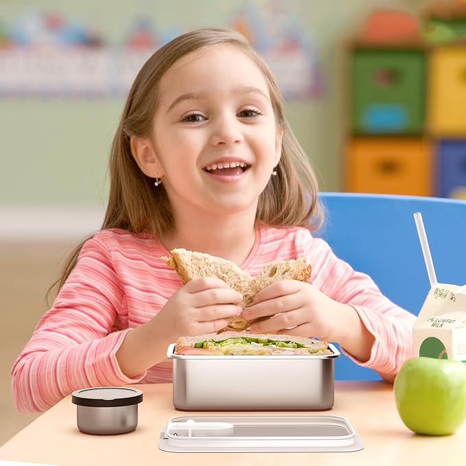 Stainless Steel Bento Lunch Box for Kids, 33oz Leak-Proof Lunch Box Containers, Microwave-Safe, with Adjustable Divider, Convenient Metal Lunchbox for School, Travel