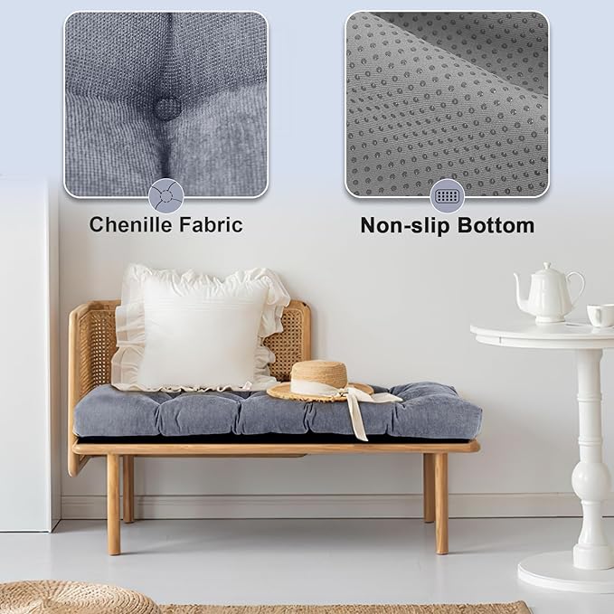 Bench Cushion 45 Inch - Chenille Fabric, High-Density Foam, Non-Slip Bottom, Soft Durable Indoor Tufted Long Seat Cushion for Window Garden Furniture (Light Gray, 45x18x4 Inch)