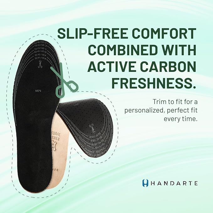 HANDARTE Leather Anti Odor Insoles | Cuttable Odor Eaters Insoles Women | Shoe Deodorizer Thin Insert - Odor Eliminator for Shoes - 100% Natural Goatskin & Anti Sweat - Suitable for No-Socks (Small)