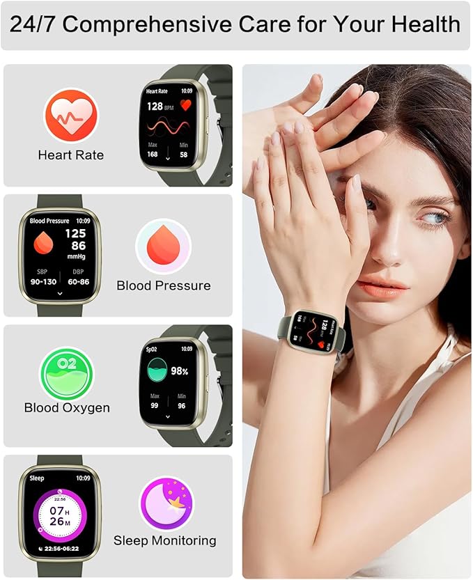 Smart Watches for Men/Women, 1.75" Bluetooth Call, AI Voice Smartwatch, 24/7 Heart Rate Monitor, Blood Pressure/SpO2/Sleep Tracker, IP68 Waterproof, 100+ Sports Fitness Tracker for Android iOS Green