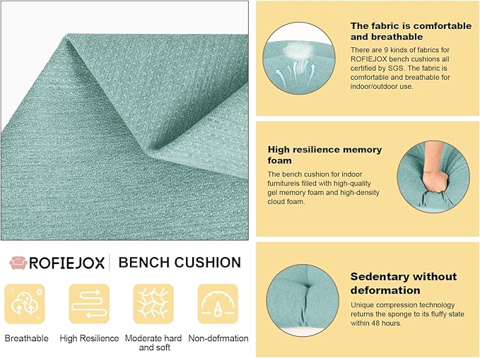 Bench Cushion 48 Inch - Polyester Brushed, High-Density Foam, Non-Slip Bottom, Soft Durable Indoor Tufted Long Seat Cushion for Window Garden Furniture (Light Green, 48x16x4 Inch)