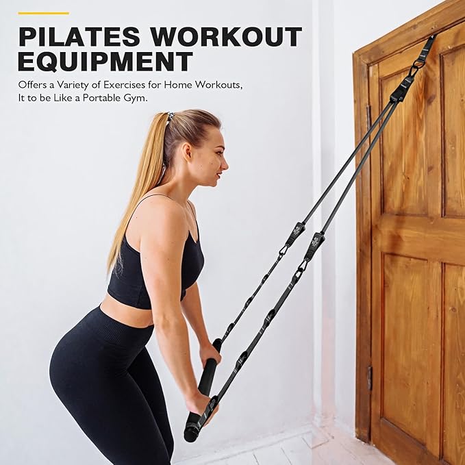 Pilates Bar Kit with Resistance Bands, Pilates Workout Equipment for Legs, Hip, Waist, Arm, Squats Exercise Equipment for Home Workouts, Adjustable 3-Section Pilates Bar Kit for Women & Men
