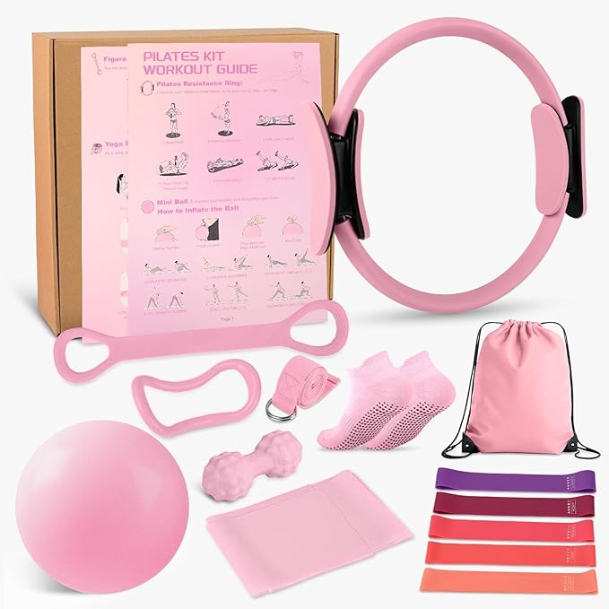 Home Pilates Essentials Kit for Women - Complete Set with 9" Yoga Ball, Figure 8 Resistance Band, Pilates Bands, Accessories, and Pilates Ring - Perfect for Beginners Home Workouts