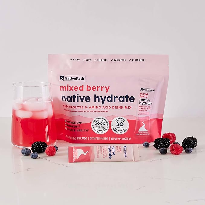 NativePath Native Hydrate Stick Packs, Sugar Free Electrolytes Powder with BCAAs, Mixed Berry Hydration, Keto & Paleo Friendly, 30 Servings