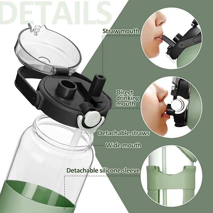 BLUEGO 64oz Glass Water Bottles with Straw Time Marker Half Gallon Large Motivational Water Bottle with Silicone Sleeve 2 Liter Large Glass Water Jug for Gym, Sports& Workout, Daily, Olive