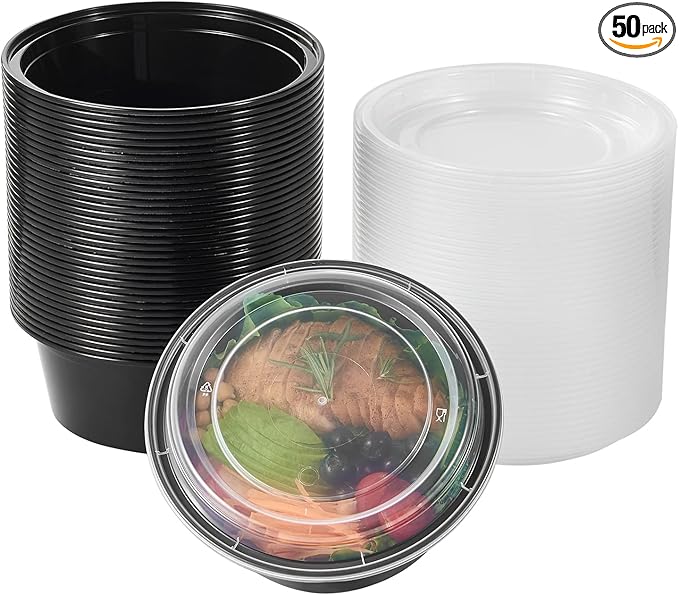 FULING 38 oz 50 ct Round Meal Prep Containers with Lids Plastic Food Storage To Go Lunch Plan Box Disposable Take Out Bowls Black BPA Free Reusable Durable Stackable Microwave Freezer Dishwasher Safe