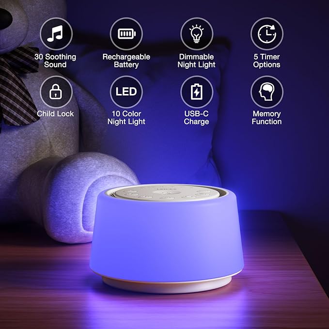 White Noise Sound Machine | Sound Machine for Baby Rechargeable | 30 Soothing Sounds | 10 Colors Night Light | White Noise Machine for Sleep Baby Adults Portable Sound Machine for Home Travel