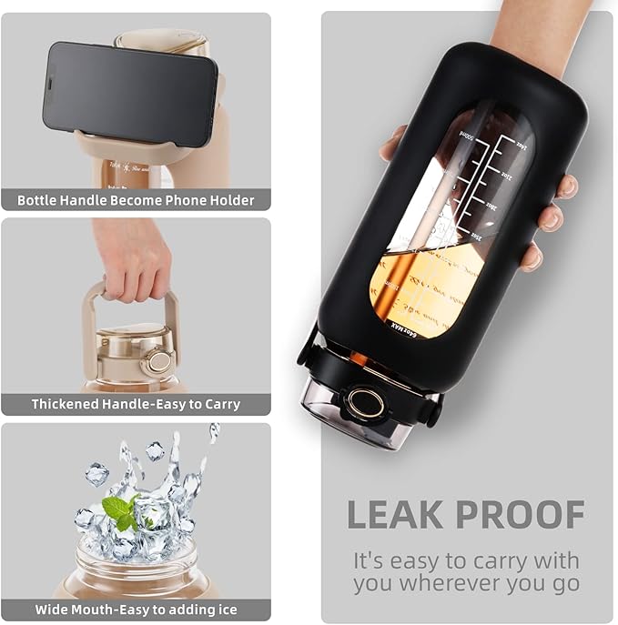 SIEROZUR 74oz Glass Water Bottle with Straw and Lid Large Gallon Water Jug with Silicone Sleeve and Handle 2.2 liter Wide Mouth Bottle with Time Marker for Gym Sports& Workout