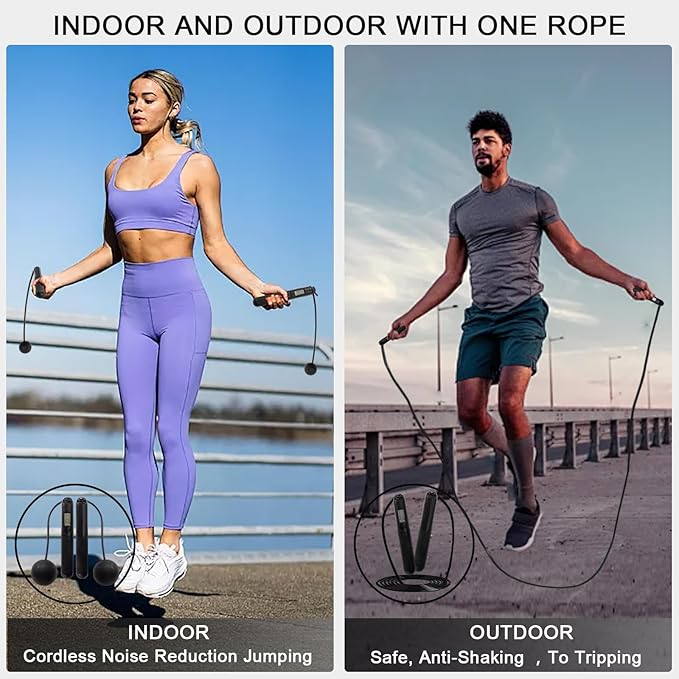 2-in-1 Weighted Jump Rope with Counter - Corded & Cordless Skipping Rope with LCD Display, Adjustable Length Steel Ball Bearings Jumping Rope for Adults Fitness, Home Gym Workout