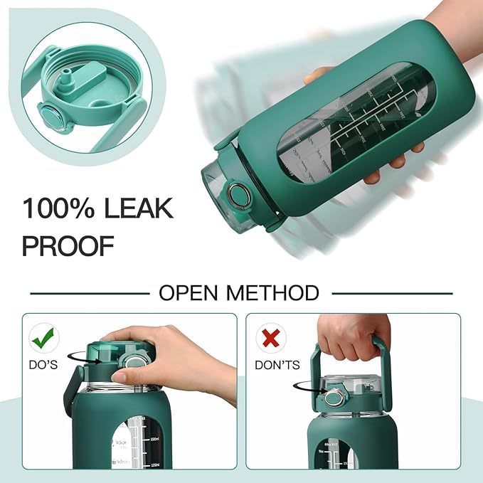 42oz/52oz/64oz Glass Water Bolttles with Straw Half Gallon Large Motivational Water Bottle with Time Marker Sports Water Bottles with Silicone Sleeve and Handle Lid Water Jug for Gym Workout