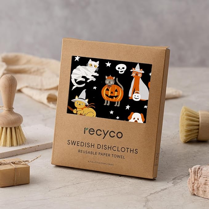 RECYCO Swedish Dishcloths for Kitchen | 4 Pack Halloween Wicked Whimsy Washable Dish Rags | Cellulose Reusable Cleaning Paper Towels | Absorbent Counter Dish Cloth Sponge Kitchen Wipes, 8" L x 7" W