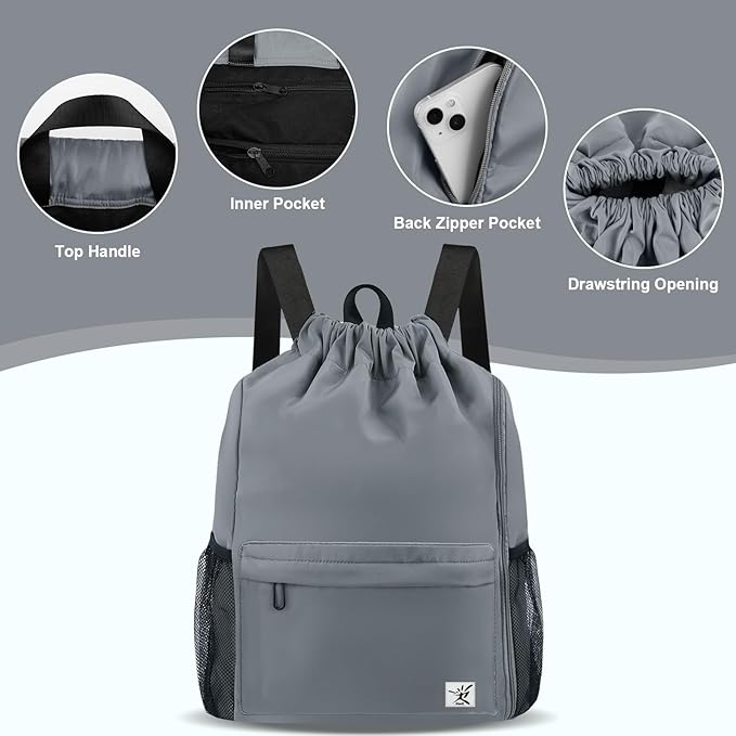 Drawstring Backpack with Mesh Pockets String Gym Bag Sackpack Sandproof Water Resistant Beach Backpack for Men Women