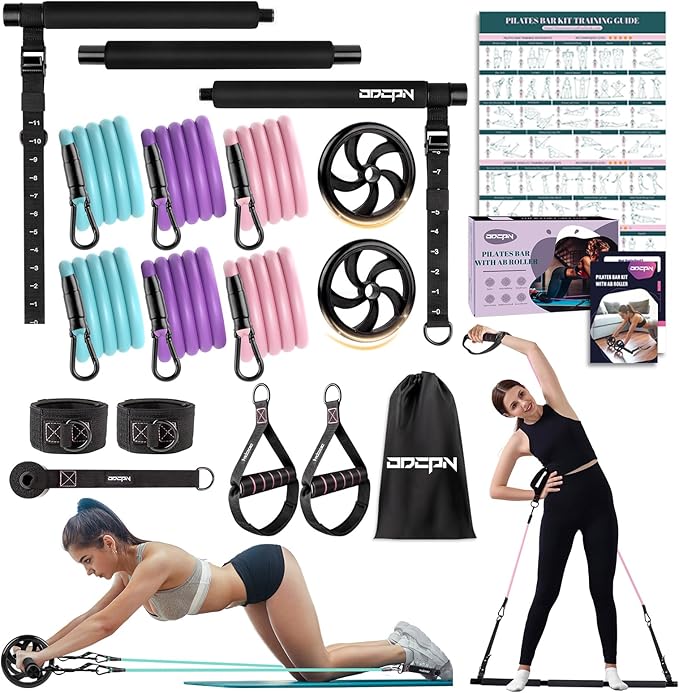 Pilates Bar Kit with Resistance Bands, Multifunctinal Exercise Bar with Ab Roller for Pilates/Abs/Weight Loss, Portable Home Gym Pilates bar kit for Full Body Training Women