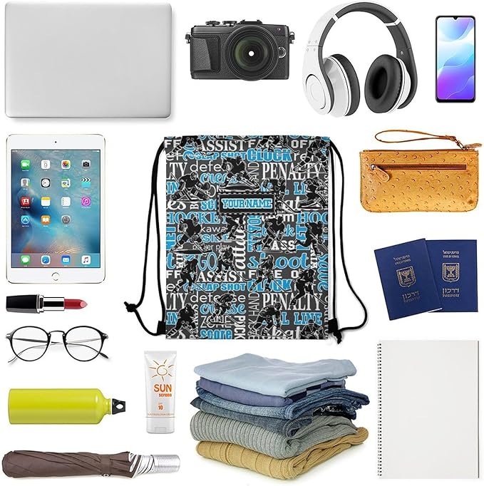 Custom Hockey Drawstring Backpack - Cool Cinch Sack, String Backpacks for Kids Women Men Boys Girls for Gym Outdoor Sports Travel Athletic Drawstring Bag - Lightweight/Foldable