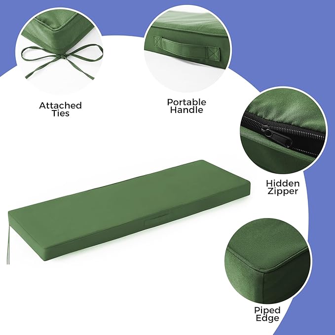 Outdoor Bench Cushions for Outdoor Furniture, 42x18x3 Inch, Waterproof Bench Pillow, Fade Resistant Long Bench Seat Pads for Garden, Indoor, Porch Swing, Army Green