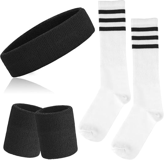 ONUPGO 5 Pieces Sweatbands Striped Socks Set Sports Headband Wristbands High Tube Socks 80s Accessories Costumes