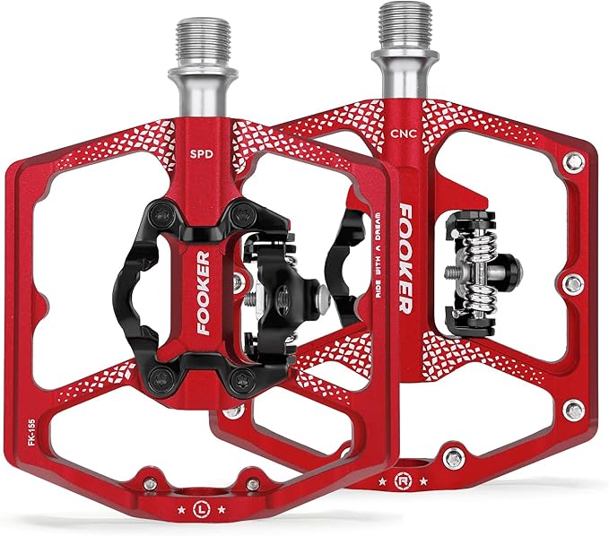 FOOKER MTB Mountain Bike Pedals, Dual Function Flat and Pedal,3 Sealed Bearing Flat Platform Compatible with Clipless Pedal Aluminum 9/16" Pedals with Cleats for Road Mountain BMX MTB