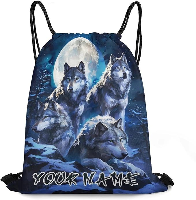 Custom Wolf Drawstring Backpack - Cute Cinch Sack, String Backpacks for Women Men Kids Boys Girls for Gym Outdoor Sports Travel Athletic Drawstring Bag - Lightweight/Foldable