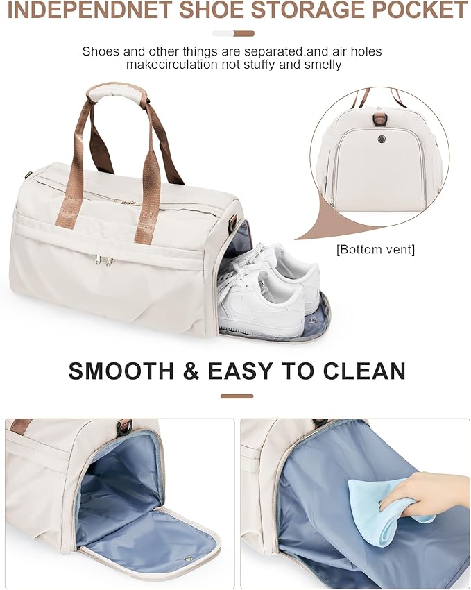 Gym Bag for Women Men with Shoe Compartment, Sport Duffel Bag, Waterproof Travel Weekender Overnight Carry on Bag for Yoga with Trolley Sleeve, Beige Brown