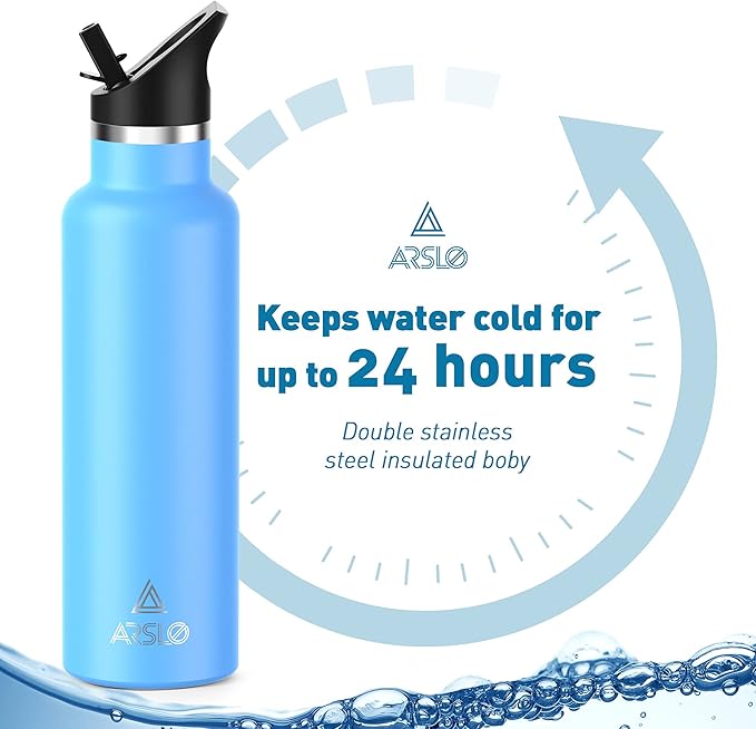 Stainless Steel Double Wall Water Bottles, Vacuum Insulated Bottle With Straw Lid, Insulated Water Bottle Keeps Water Cold for 24 Hours, Hot for 12 Hours, Hiking, Sports