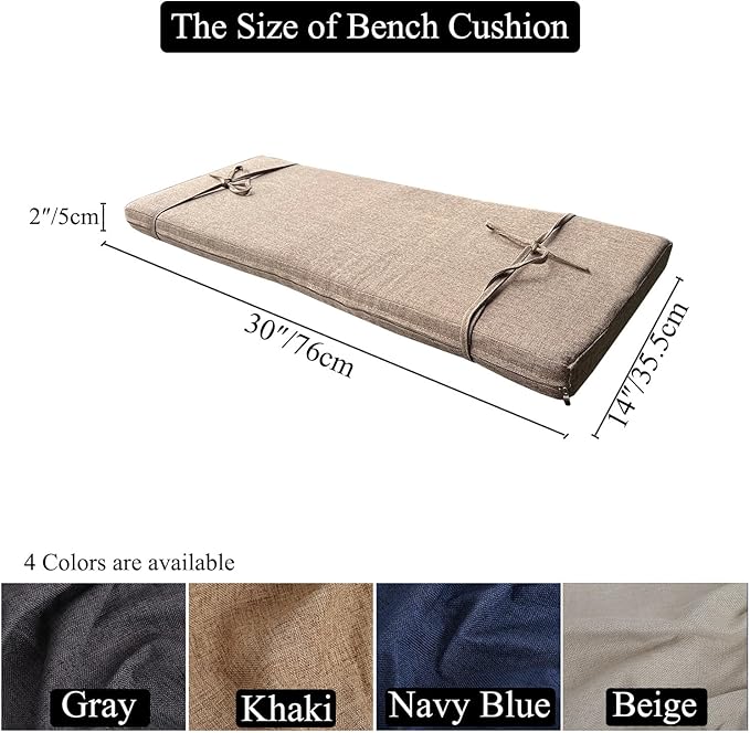 30 x 14 Inch Piano Bench Cushions for Indoor Furniture with Ties Non Slip Kitchen Dining Room Bench seat Cushion for Shoe Storage Ottoman Window Settee Pad, Khaki