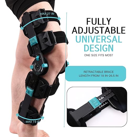 Hinged Rom Knee Brace, Adjustable Post Op Knee Immobilizer for Recovery Stabilization, ACL, MCL and PCL Injury, Medical Orthopedic Support Stabilizer After Surgery for Left and Right Leg