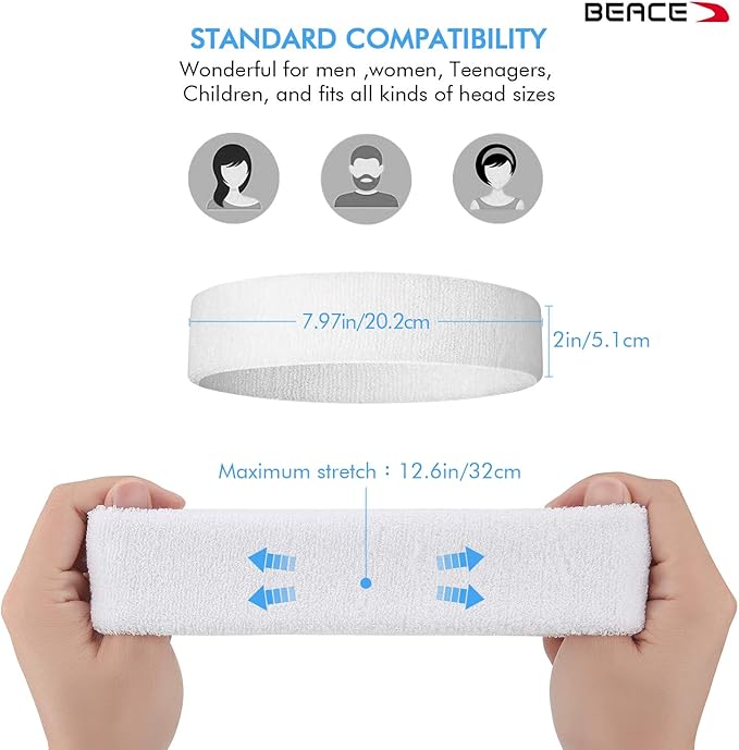 BEACE Sweatbands Sports Headband for Men & Women - 6PCS Moisture Wicking Athletic Cotton Terry Cloth Sweatband for Tennis, Basketball, Running, Gym, Working Out