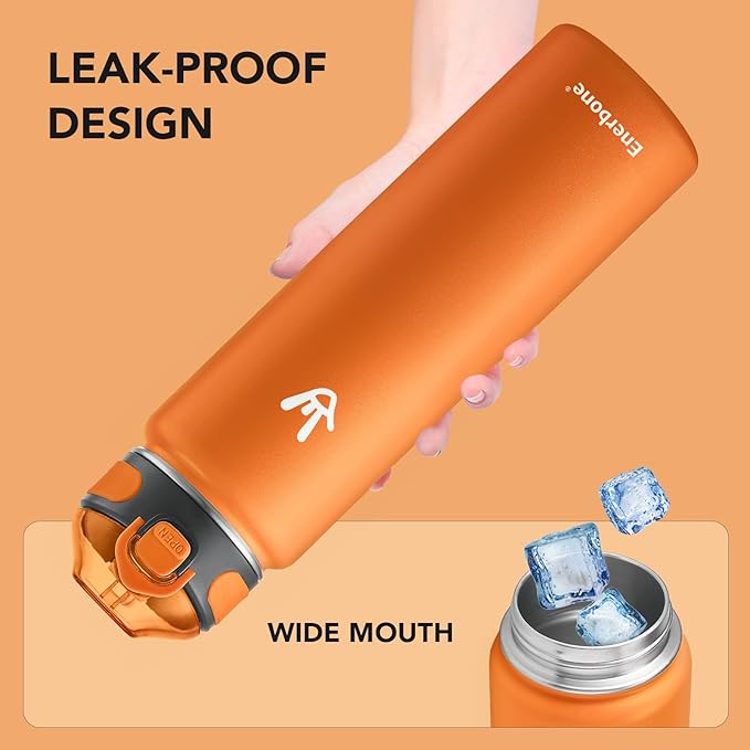 Enerbone 32 oz Insulated Water Bottle, Stainless Steel Bottle with Carrying Strap, Double-Wall Vacuum Insulation Design, Leakproof Sports Bottle with Straw, Keep Drinks Cold or Hot for Hours