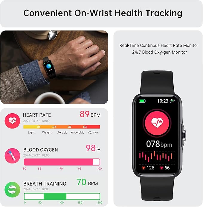 Health Fitness Tracker, Smart Watch with 24/7 Heart Rate and Blood Oxygen Monitor, Sleep Tracker with IP68 Waterproof, Activity Tracker Pedometer Step Counter for Women Men (Deep Black)