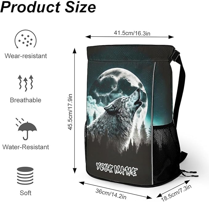 Custom Wolf Drawstring Backpack - Cute Cinch Sack, String Backpacks with Pocket for Women Men Kids Boys Girls for Gym Outdoor Sports Travel Athletic Drawstring Bag - Lightweight/Foldable