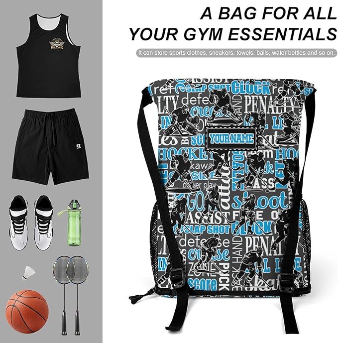 Custom Hockey Drawstring Backpack - Cool Cinch Sack, String Backpacks with Pocket for Kids Women Men Boys Girls for Gym Outdoor Sports Travel Athletic Drawstring Bag - Lightweight/Foldable