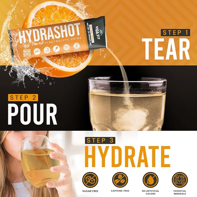 Hydrashot Orange Flavored Hydration Formula with Coconut Water Powder, Calcium, Magnesium, Potassium, and Sodium, Sugar-Free, Hydration Powder Packets, Rehydrates and Replenishes Electrolytes