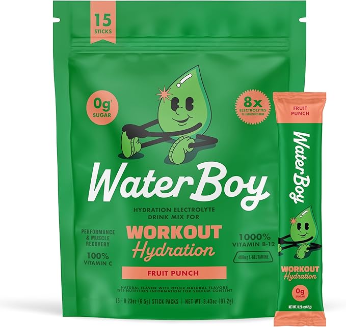 Waterboy Workout Hydration | 2,960mg Sugar Free Electrolyte Powder Packets | L-Glutamine + Vitamins | No Sugar, All Natural, Gluten Free | 15 Drink Stick Mixes (Fruit Punch)