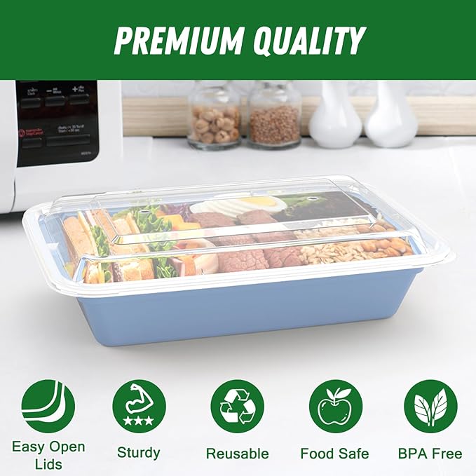 50 Pack (100-Piece) 32 oz Meal Prep Containers Reusable with Easy Open Lids, Sturdy Leakproof Food Safe, Microwave Freezer Dishwasher Safe, To Go Take Out Plastic Food Storage Pans with Lids, Blue