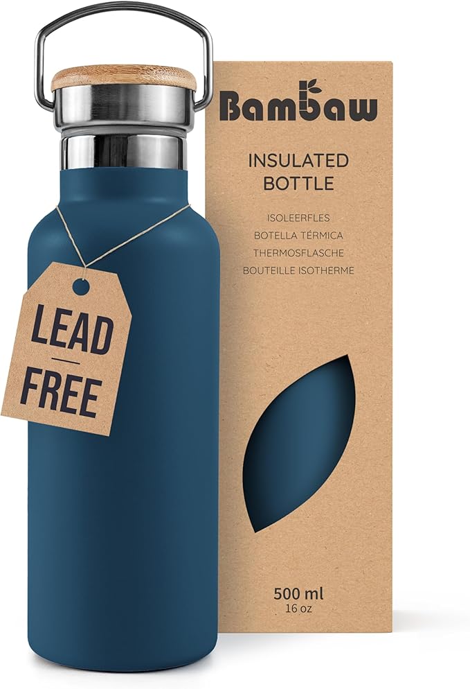 Bambaw Insulated Water Bottle 16 oz, Blue Water Bottle Stainless Steel, Reusable Water Bottle Dishwasher Safe, Stainless Steel Water Bottle Insulated – Aegean Blue