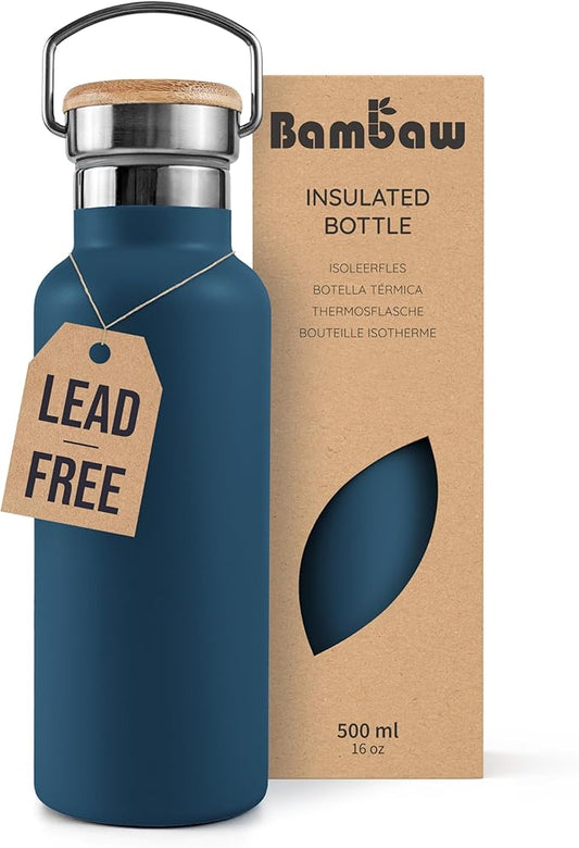 Bambaw Insulated Water Bottle 16 oz, Blue Water Bottle Stainless Steel, Reusable Water Bottle Dishwasher Safe, Stainless Steel Water Bottle Insulated – Aegean Blue