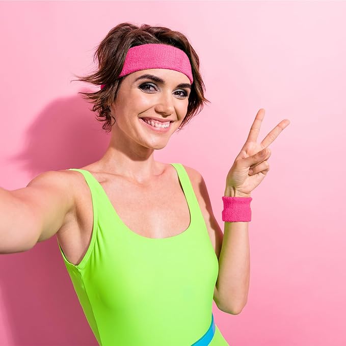 Civaner 12 Pcs 80s 90s Sweatbands Neon Headbands Wristbands for Men Women Party Sports Cotton Headbands Terry Cloth Athletic Sweat Bands for Tennis Football Gym Workingout Accessories