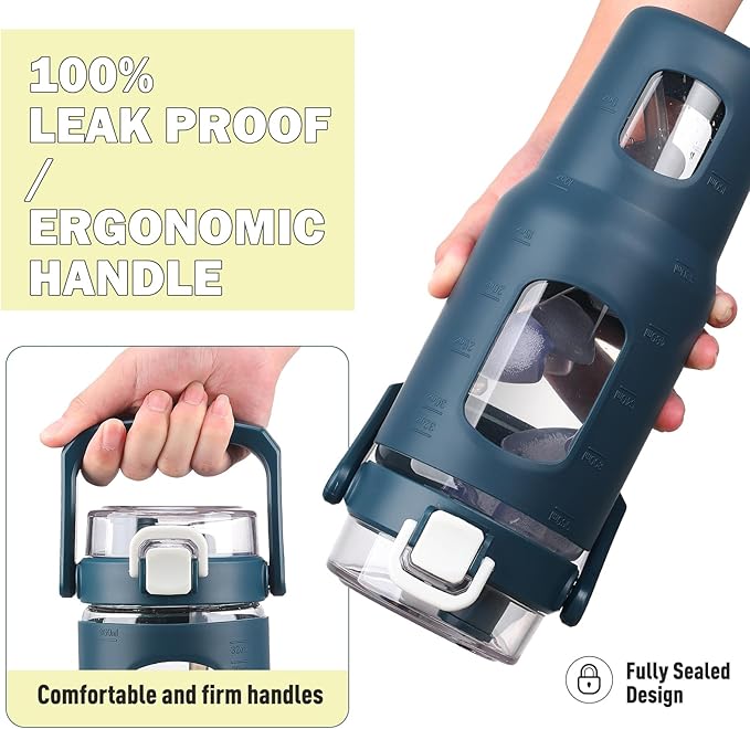 BLUEGO 32oz Glass Tumbler with Lid and Handle, Iced Coffee Cup with Straws, Glass Water Bottle with Silicone Sleeve and Volume, Marker Glass Cup with Time Marking, BPA Free, Dark Blue