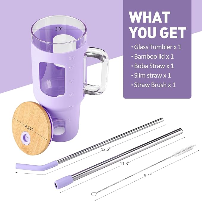 Glass Tumbler with Straw and Lid, 40 oz glass cup with handle, Glass Water Bottles with Time Marker, Silicone Protective Sleeve-Purple