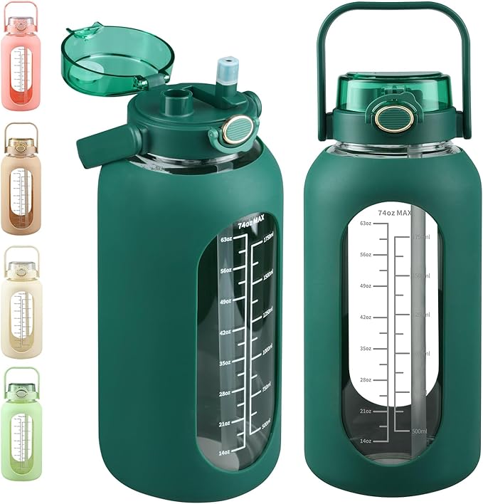 SIEROZUR 74oz Glass Water Bottle with Straw and Lid Large Gallon Water Jug with Silicone Sleeve and Handle 2.2 liter Wide Mouth Bottle with Time Marker for Gym Sports& Workout