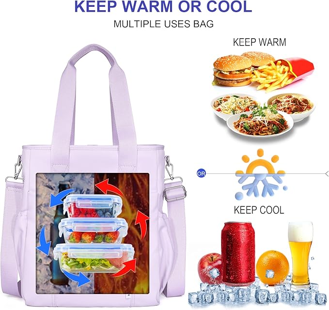 NOL Natural Organic Lifestyle Insulated Lunch Bag for Men/Women,Extra Large Lunch Tote Bag With Removable Adjustable Shoulder Strap with Multi Pockets,Leakproof Cooler Lunch Bag For Work,Light purple