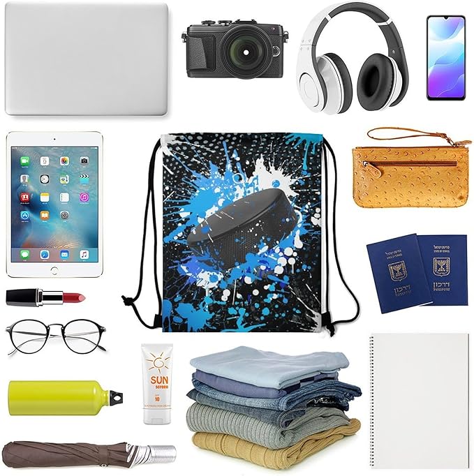 Hockey Drawstring Backpack - Cool Cinch Sack, String Backpacks for Kids Women Men Boys Girls for Gym Outdoor Sports Travel Athletic Drawstring Bag - Lightweight/Foldable